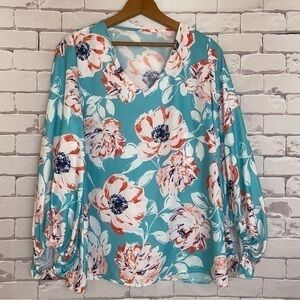 Blue floral print blouse - small - v neck - bishop sleeve. EUC